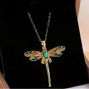 Gold Emerald Dragonfly Pendant Necklace